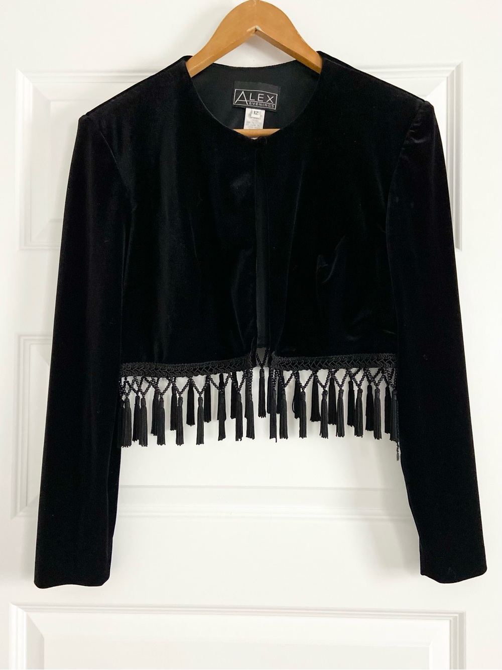 VINTAGE Alex Evenings Black Velvet Beaded Tassel Fringe Cropped Jacket Size 12